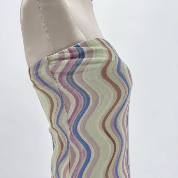 Zara Wavy Print Strapless Tulle Midi Dress Mesh Bodycon Psychedelic Retro M - Picture 4 of 9